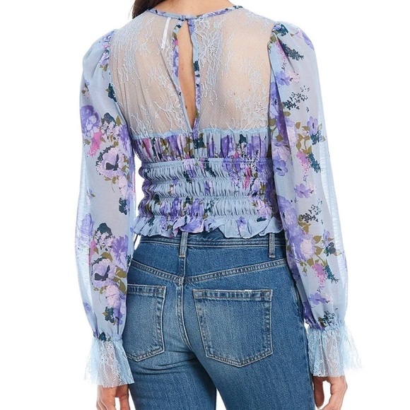 Free People Daphne Floral Lace Sheer Smocked Hem Long Sleeve Blouse - Picture 2 of 4